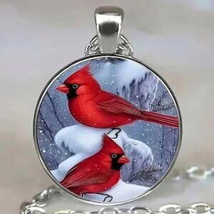 Silver CARDINAL Glass Cabochon Pendant Necklace